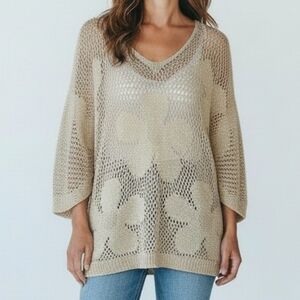 UCHUU  Light Beige Sparkly Crochet V-Neck Sweater with Floral Motif Size Large
